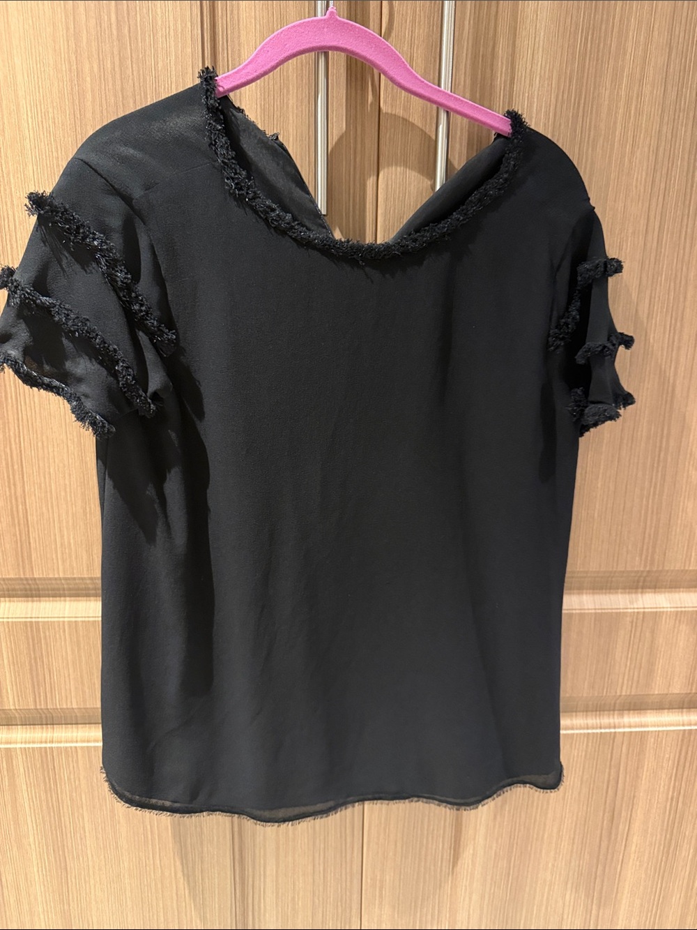 Black Short Sleeve Top with Fringe Trim - Women